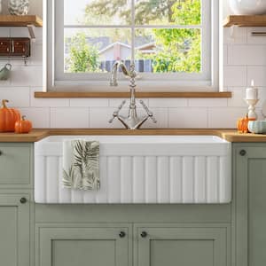 Solstice White Fireclay 33 in. L x 18 in. W Rectangular Single Bowl Farmhouse Apron Kitchen Sink with Grid and Strainer
