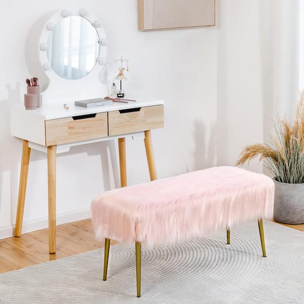 Costway Pink 18 in. Fauxfur Ottoman Bench Modern Vanity Bench Bar