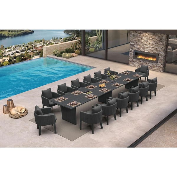 15-Piece Aluminum Outdoor Dining Set All-Weather Modern Rectangular Dining Table & Chairs with Olefin Cushions, Grey