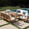 Noble House Giancarlo Teak Finish 9-Piece Wood Outdoor Patio Sofa Set with Cream Cushions 39721