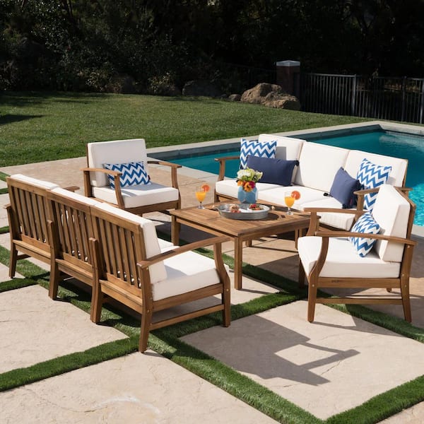 Giancarlo Teak Finish 9-Piece Wood Outdoor Patio Sofa Set with Cream Cushions