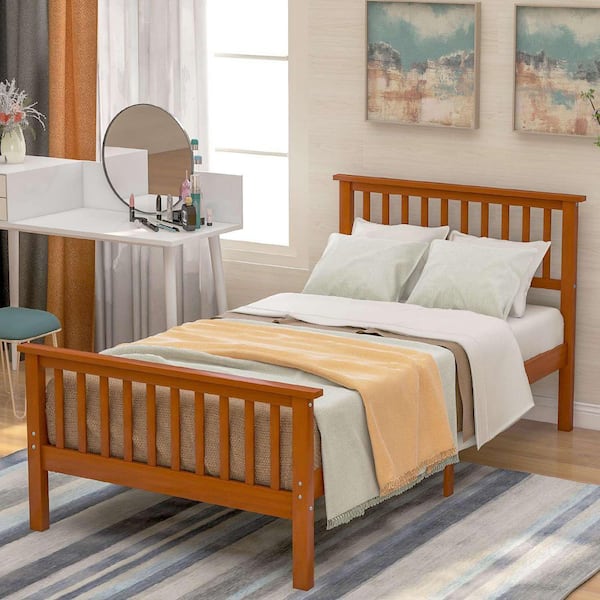 Oak Brown Wood Frame Twin Upholstered Platform Bed with Headboard and Footboard