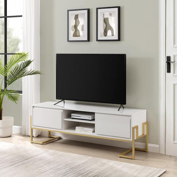 Walker Edison Furniture Company 60 in. Modern Solid White Wood TV Stand with 2 Drawers and Removable Shelf (Max TV Size 65 in.)