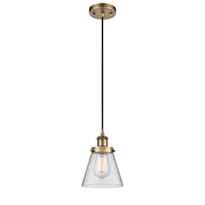 Cone 60-Watt 1 Light Brushed Brass Shaded Mini Pendant Light with Clear Glass Shade