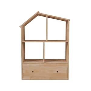 Freemont 28.98 in. Wide Natural 4-Shelf Scandinavian Inspired Dollhouse Shaped Bookcase with Drawer
