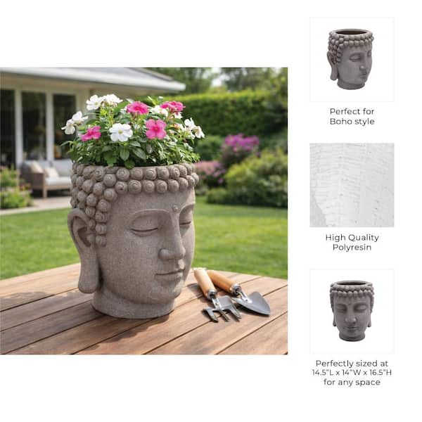 Liv & Skye Gray Resin Buddha Head Planter (14.25 in. W x 16.25 in. H)  13029-03 - The Home Depot