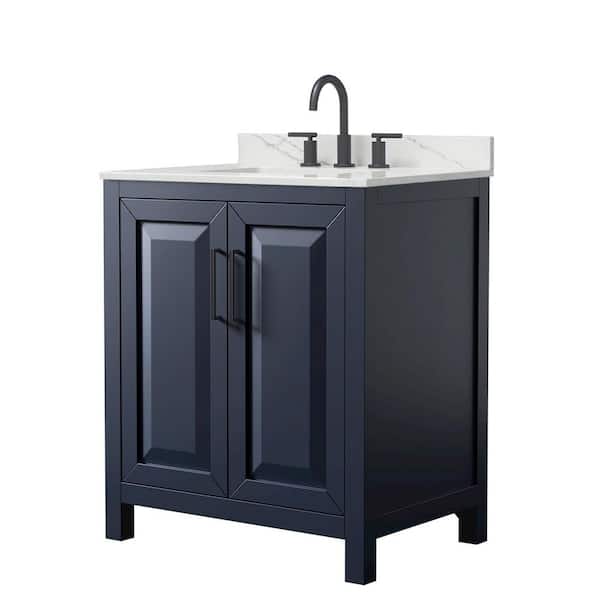 Wyndham Collection Daria 30 in. W x 22 in. D x 35.75 in. H Single Sink Bath Vanity in Dark Blue with Matte Black Trim Giotto Quartz Top