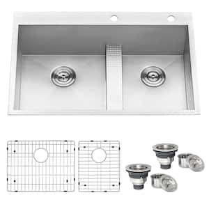 Drop-in Stainless Steel 33 in. 60/40 Low Wide-Divide 16-Gauge Top Mount Double Bowl Kitchen Sink