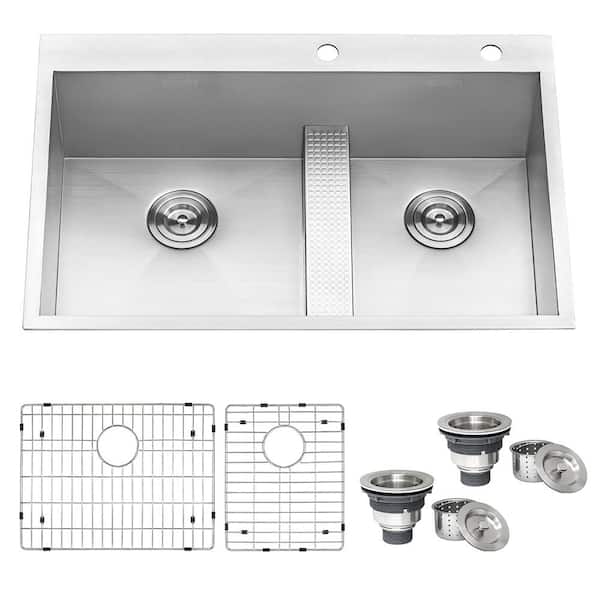 Tirana 33 in. Drop-in Topmount 60/40 Double Bowl 16-Gauge Stainless Steel Kitchen Sink with Low Divide