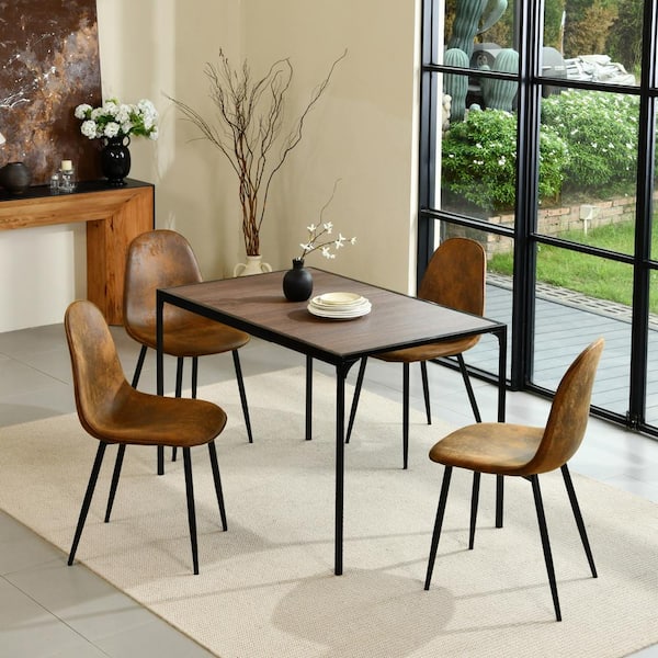 Homy Casa MIK 5-Piece Modern Industrial Dining Set-Rectangle Table with Walnut Top and Brown Faux Leather Chairs for Dining Room