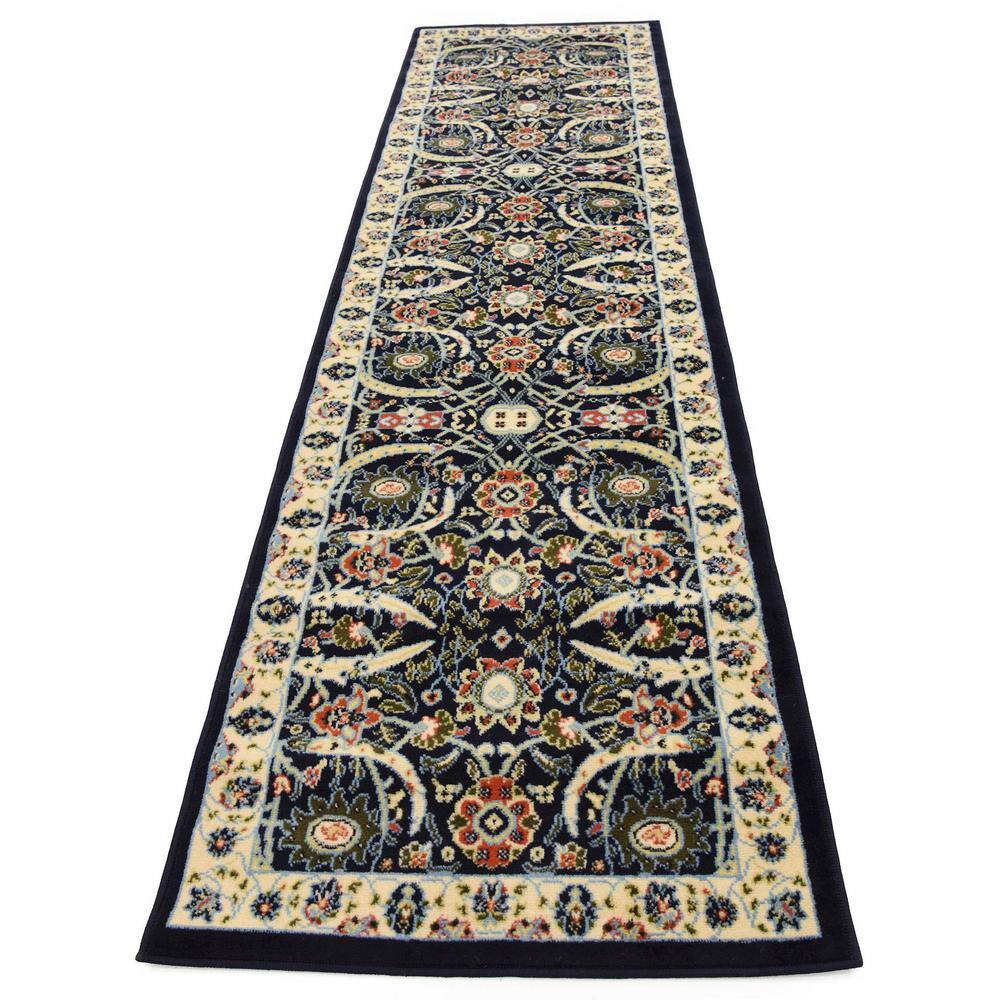 Navy Blue and Beige Floral Synthetic Runner Rug