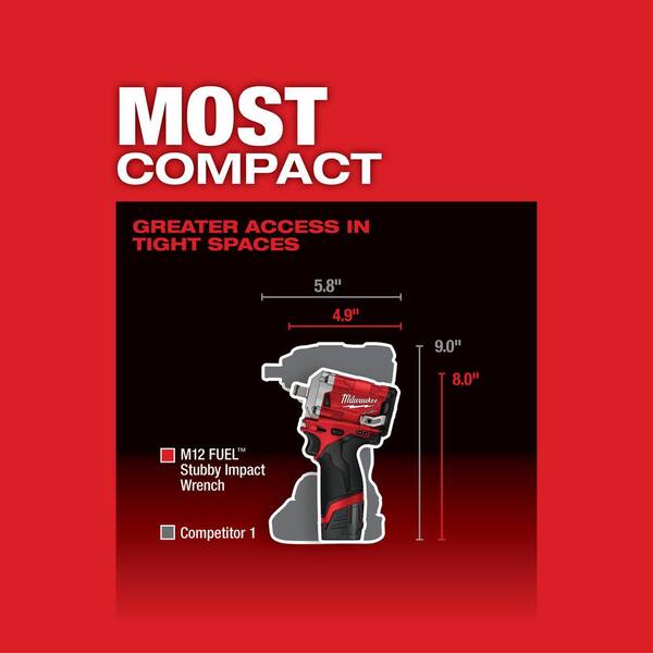 Milwaukee - M12 FUEL 12V Lithium-Ion Brushless Cordless Stubby 1/2 in. Impact Wrench Kit with One 4.0 and One 2. 0Ah Batteries