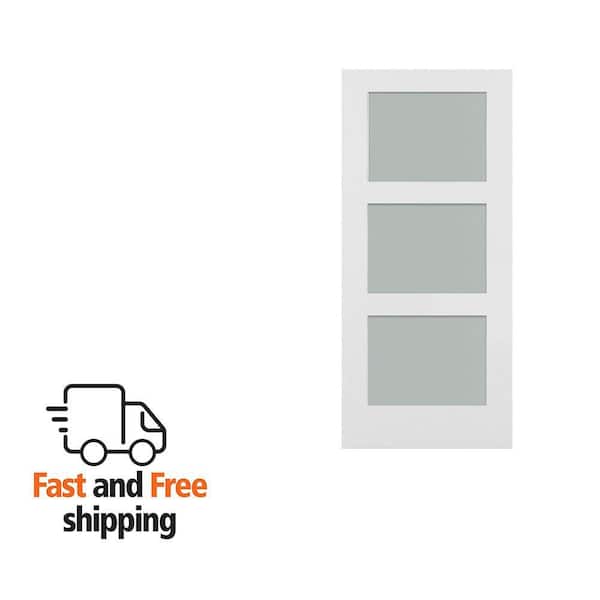 42 in. x 84 in. Shaker 3-Lite Frosted Glass Primed MDF Composite Assembly Required Barn Door Slab