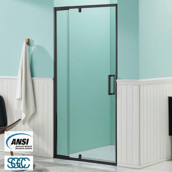 waterpar 32 to 36 in. W x 72 in. H Bi-Fold Framed Shower Door in Black Finish with Clear Glass
