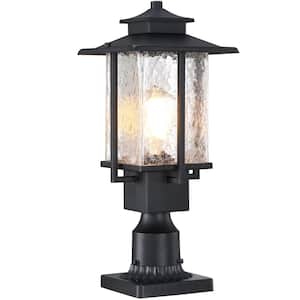 1-Light Black Metal Outdoor Weather Resistant Post Light Set with Hammered Clear Glass with No Bulbs Included