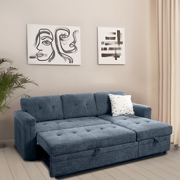 84 in. Reversible Sleeper Microfiber Rolled Arm Sectional Sofa with Storage and USB Ports in. Gray