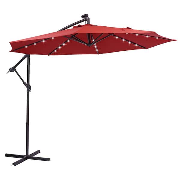 FORCLOVER 10 ft. Metal Cantilever Patio Umbrella Offset Umbrella Easy Open Adjustment with 32 LED Lights in Red