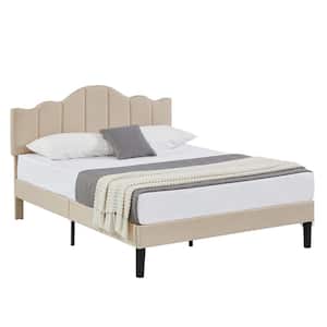 Platform Bed Frame, Beige Metal Frame Queen Size Platform Bed with Headboard Fabric Upholstered Wood Slat Support