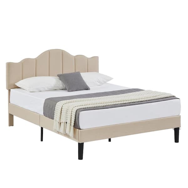 VECELO Platform Bed Frame, Beige Metal Frame Queen Size Platform Bed with Headboard Fabric Upholstered Wood Slat Support