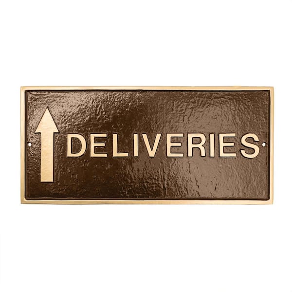 Montague Metal Products 7.25 in. x 15.25 in. Deliveries with Up Arrow Standard Rectangle Wall Statement Plaque - Oil Rubbed/Gold