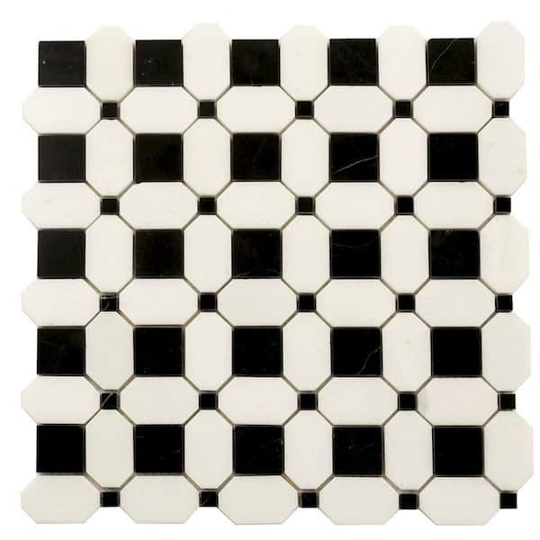 Noir Luxe 4 in. x 5 in. Polished Black, White Marble Mosaic Octagon Wall and Floor Tile Sample