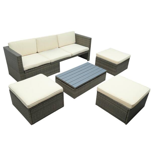 Unbranded 5-Piece Wicker Patio Sofa Set with Beige Cushions