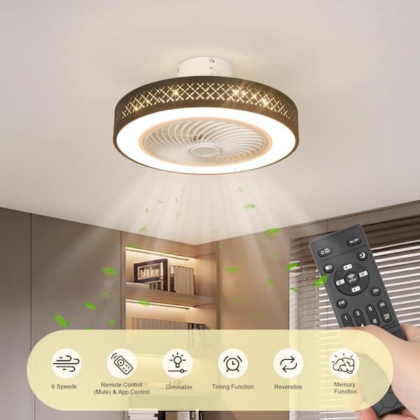 20 in. Indoor Modern Black Low Profile Bladeless Caged Standard Flush Mount Ceiling Fan Light with LED with Remote