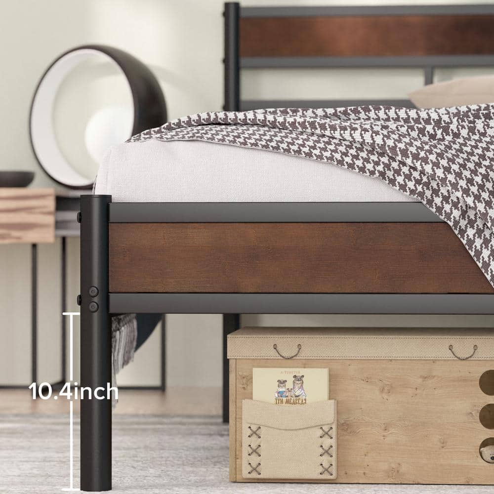 Queen Brown Bamboo and Black Metal Platform Bed Frame with Slatted Headboard