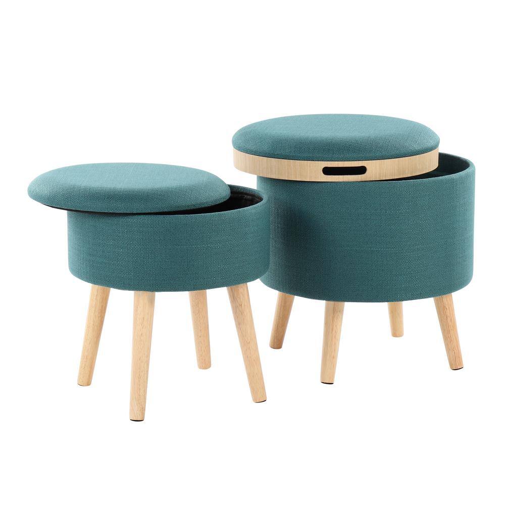 Teal Fabric Ottoman with Natural Wood Tray and Matching Stool