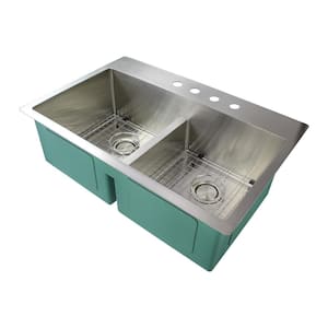 Diamond Dual Mount Stainless Steel 33 in. 4-Hole Equal Double Bowl Kitchen Sink in Brushed Finish