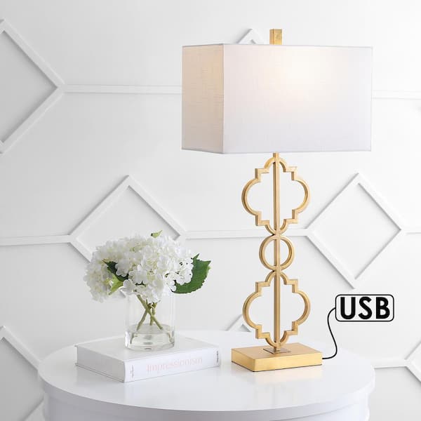 JONATHAN Y Selina 32 in. Gold Iron Ogee Trellis Modern LED USB Table Lamp