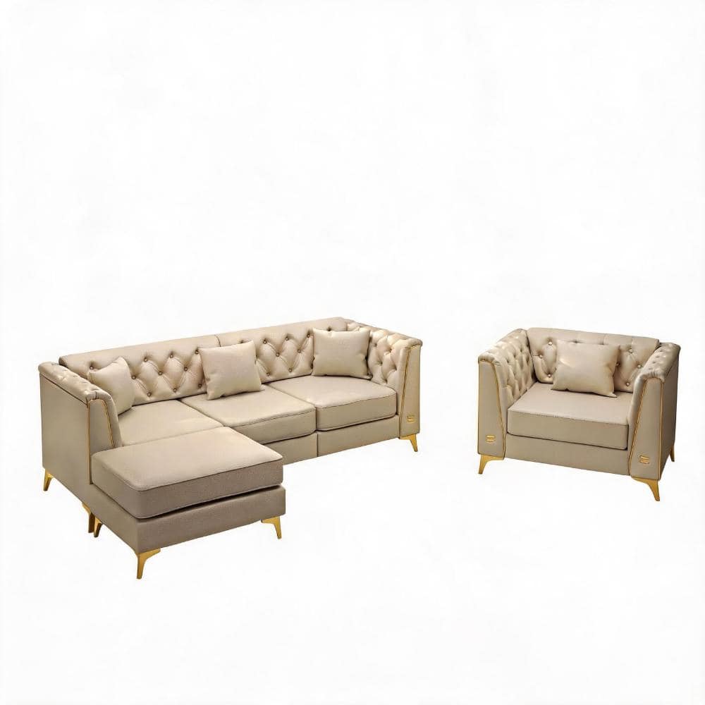 Light Luxury Modular 81.5 in. Wide Flared Arm Faux Leather Chesterfield Sofa with Button Tufting, Metal Trim, 4 Pillows