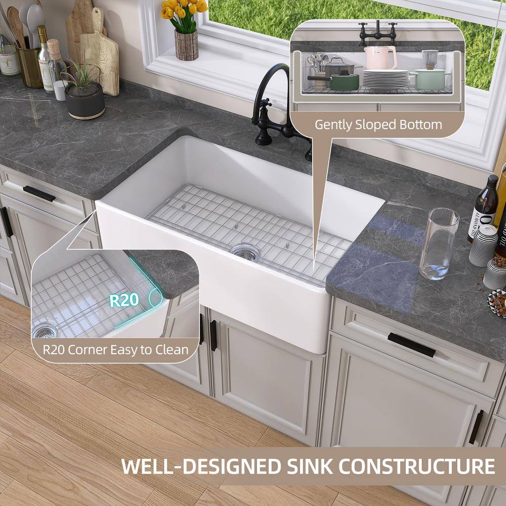 White Fireclay Single Bowl Farmhouse Kitchen Sink with Grid