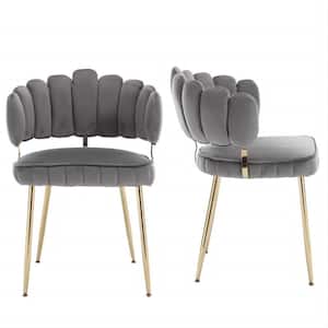 Modern Gray Velvet Woven Accent Dining Chairs with Gold Metal Legs Set of 2