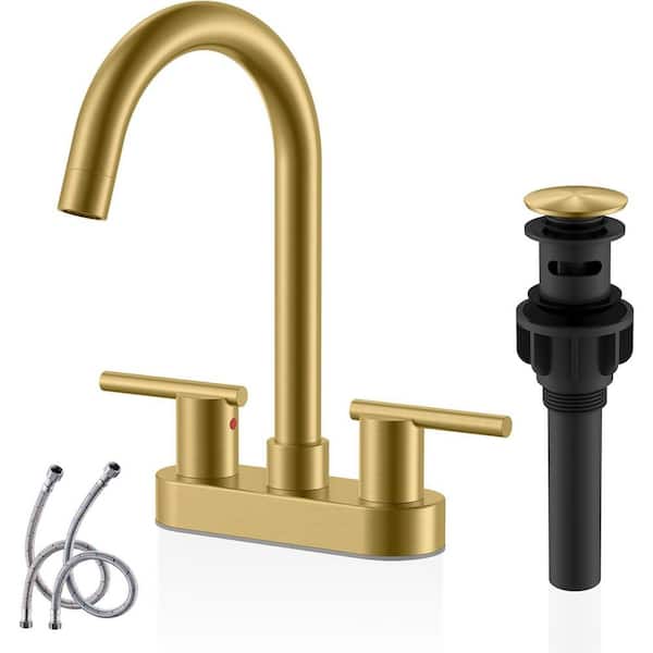 4 in. Centerset Double Handle Bathroom Faucet with Pop Up Drain and Water Supply Lines in Brushed Gold