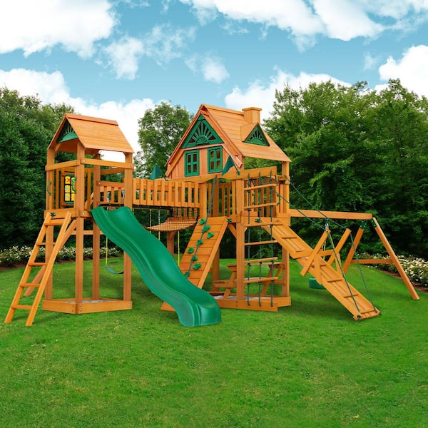 Gorilla Playsets Pioneer Peak Treehouse Wooden Outdoor Playset with Tire Swing, Clatter Bridge, and Backyard Swing Set Accessories