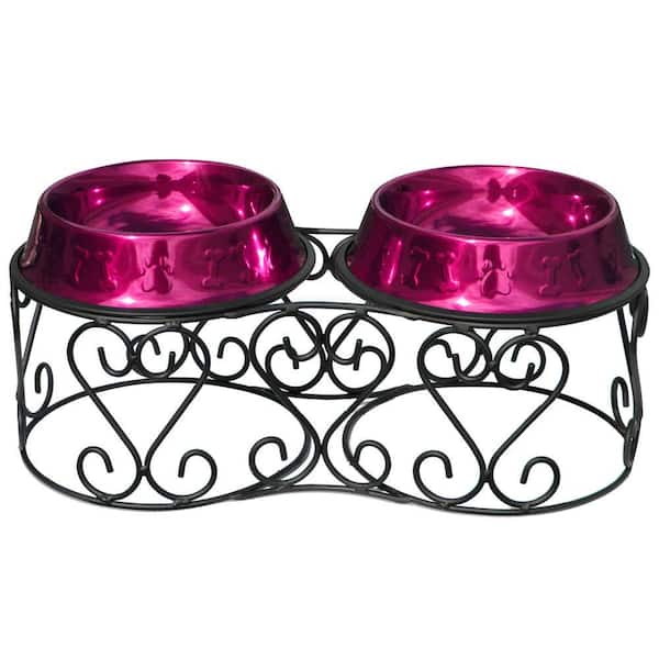 Platinum Pets 4 Cup Wrought Iron Scroll Deluxe Feeder with Embossed Non-Tip Bowl in Raspberry