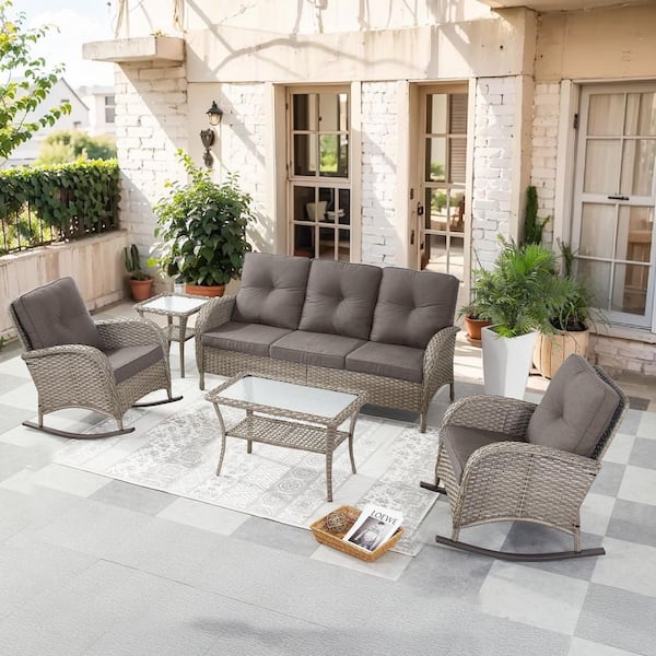 SleekArm 5-Piece Gray Wicker Patio Conversation Set with Olefin Gray Cushion/3-Seat Sofa with Rocking Chairs