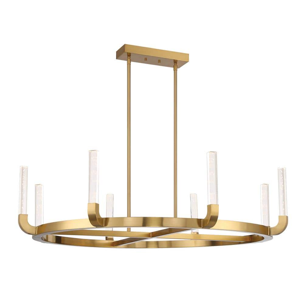 Warm Brass 8-Light LED Linear Chandelier with Clear Seeded Acrylic Shades