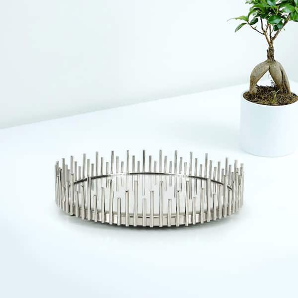 LIVING LUXURY Sunburst 10 in. Silver Round Metal Mirror Decorative Tray