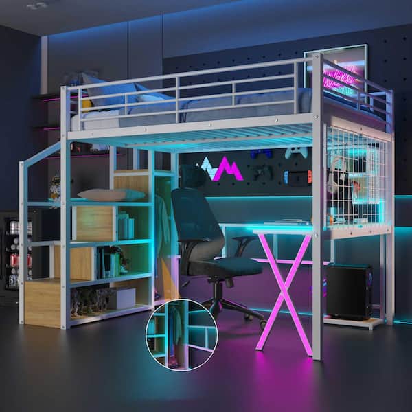 White Full Size Wood Loft Bed with Built-in Workstation, Wardrobe, Storage Staircase and LED