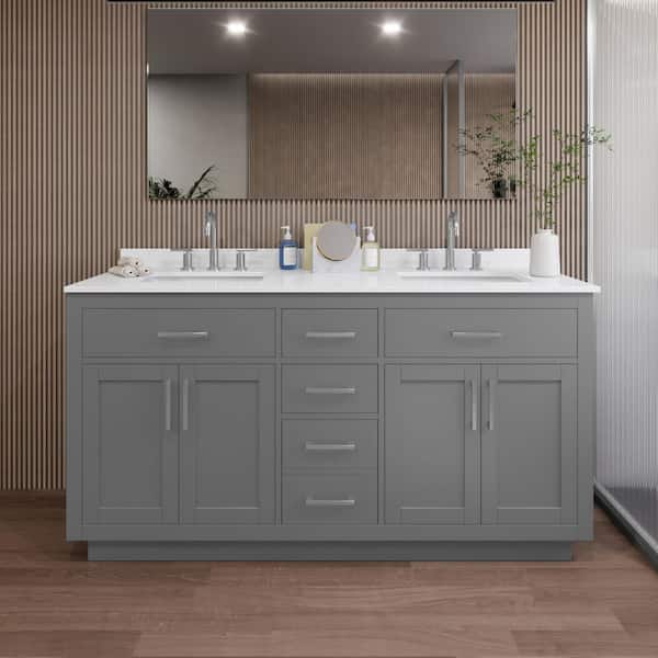 Wyndham Collection Beckett TK 66 in. W x 22 in. D x 35 in. H Double Bath Vanity in Dark Gray with White Quartz Top