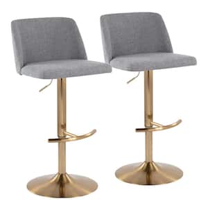 Toriano 33 in. Grey Fabric and Gold Metal Adjustable Bar Stool with Rounded T Footrest (Set of 2)
