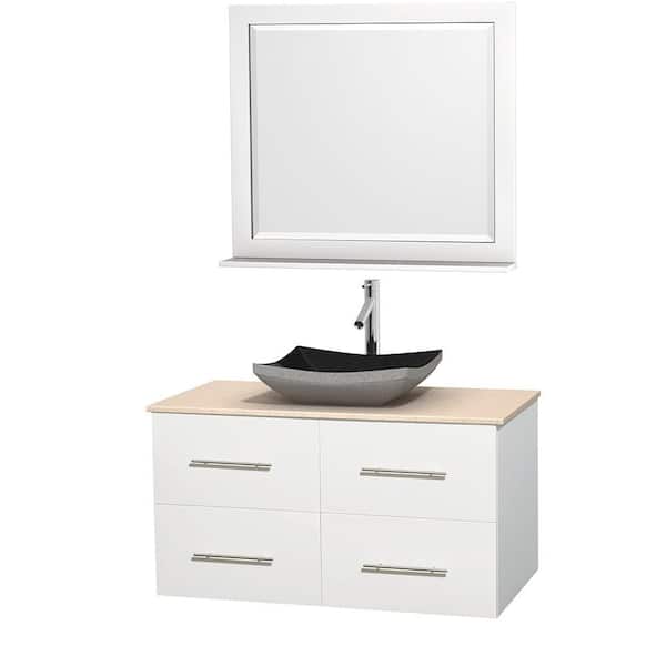 Wyndham Collection Centra 42 in. Vanity in White with Marble Vanity Top in Ivory, Black Granite Sink and 36 in. Mirror