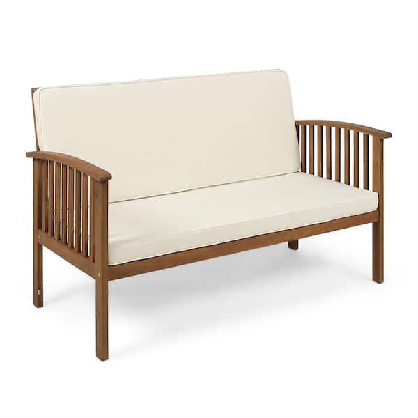 Brown Patina Wood Outdoor Loveseat with Beige Cushions for Porch, Garden and Backyard