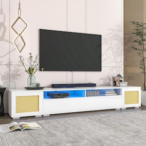 White Rattan Style Extended TV Stand Fits TV's up to 90 in. with Storage Cabinets and Color Changing LED Light