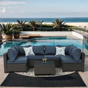 7-Piece Composite Outdoor Sectional Set with Dark Blue Thick Cushions