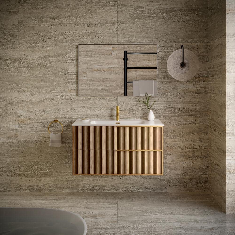 Demeter 40" Medium Brown MDF Wall Mounted Vanity with White Ceramic Top