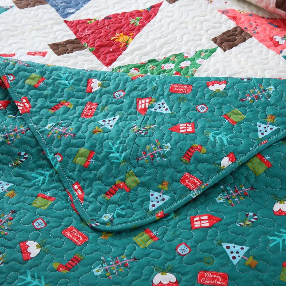 Blue Christmas Patchwork Cotton Queen Quilt Set