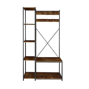 Rustic Brown Shoe Rack with Coat Hooks, Hall Tree with Shoe Bench and Shelves for Entryway